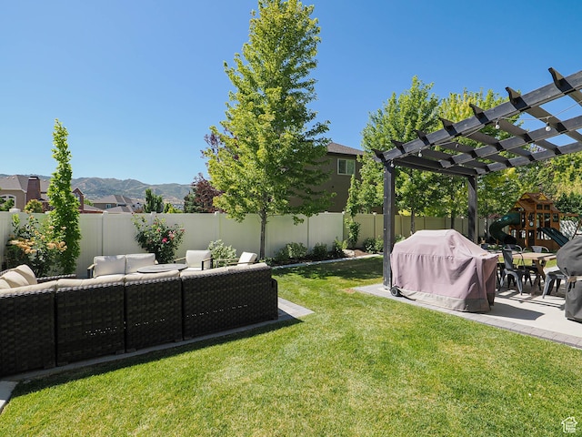 618 E Beaumont Way S, Draper, UT 84020 - fenced backyard featuring outdoor lounge area, a pergola, a mountain view, and a patio area