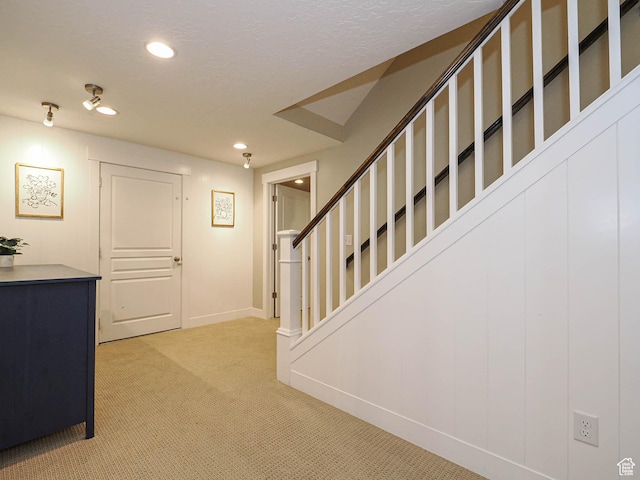 618 E Beaumont Way S, Draper, UT 84020 - hallway with light carpet, stairway, and recessed lighting