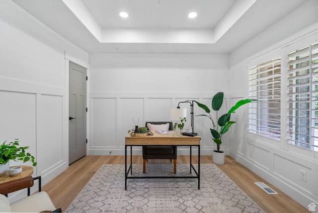 809 W 1320 N, West Bountiful, UT 84087 - office area with a decorative wall, light wood finished floors, plenty of natural light, a tray ceiling, and wainscoting