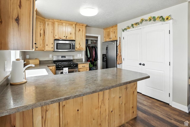 758 N 400 E, Tremonton, UT 84337 - kitchen featuring stainless steel appliances, light brown cabinets, a peninsula, dark wood-style flooring, and a textured ceiling