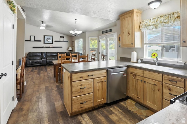 758 N 400 E, Tremonton, UT 84337 - kitchen featuring stainless steel dishwasher, dark wood-type flooring, a peninsula, a textured ceiling, and a chandelier