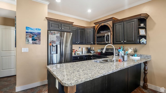3417 S Kenna Ln Unit 1, West Haven, UT 84401 - kitchen featuring appliances with stainless steel finishes, a peninsula, light stone countertops, ornamental molding, and open shelves