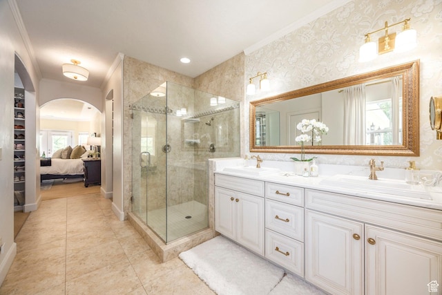 897 W Pfeifferhorn Dr, Alpine, UT 84004 - full bathroom with ornamental molding, double vanity, a stall shower, and tile patterned floors