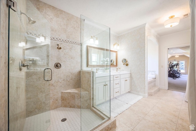 897 W Pfeifferhorn Dr, Alpine, UT 84004 - bathroom featuring ornamental molding, double vanity, a shower stall, a garden tub, and tile patterned flooring