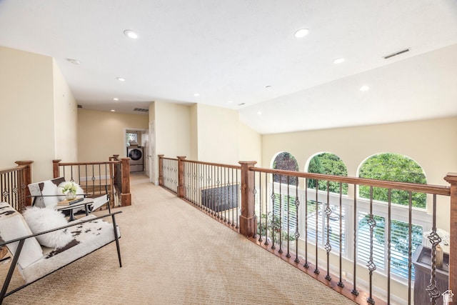897 W Pfeifferhorn Dr, Alpine, UT 84004 - hall with washer / clothes dryer, recessed lighting, light colored carpet, and an upstairs landing