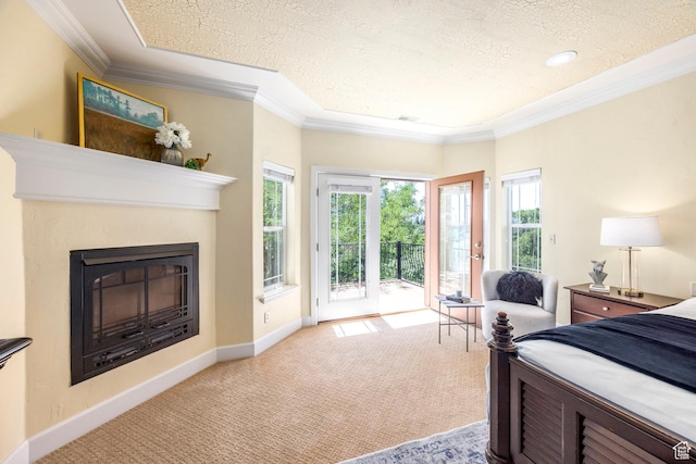 897 W Pfeifferhorn Dr, Alpine, UT 84004 - bedroom with access to outside, carpet floors, a glass covered fireplace, crown molding, and a textured ceiling