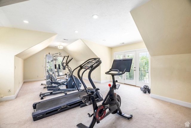 897 W Pfeifferhorn Dr, Alpine, UT 84004 - exercise room featuring vaulted ceiling, carpet flooring, and recessed lighting