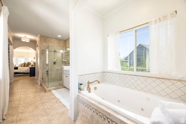 897 W Pfeifferhorn Dr, Alpine, UT 84004 - full bath with a shower stall, a jetted tub, ensuite bath, tile patterned flooring, and crown molding