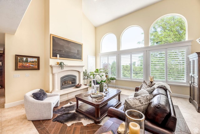 897 W Pfeifferhorn Dr, Alpine, UT 84004 - living room with a glass covered fireplace, high vaulted ceiling, and light tile patterned floors