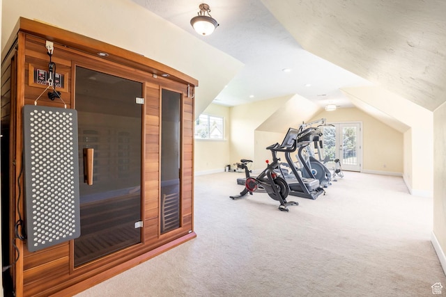 897 W Pfeifferhorn Dr, Alpine, UT 84004 - exercise room with carpet floors, vaulted ceiling, and a sauna / steam room
