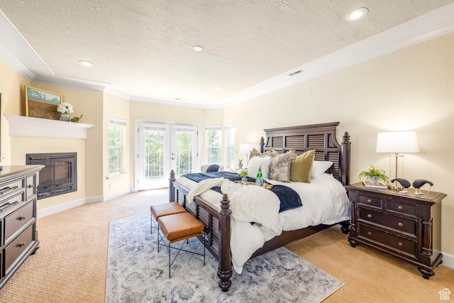 897 W Pfeifferhorn Dr, Alpine, UT 84004 - bedroom with light carpet, access to outside, a textured ceiling, ornamental molding, and recessed lighting