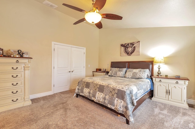 483 W 3500 N, Pleasant View, UT 84414 - bedroom featuring light carpet, high vaulted ceiling, ceiling fan, and a closet
