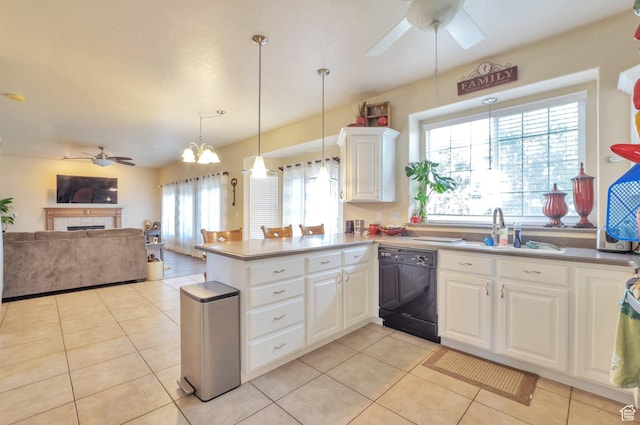 483 W 3500 N, Pleasant View, UT 84414 - kitchen featuring black dishwasher, a ceiling fan, open floor plan, and a peninsula