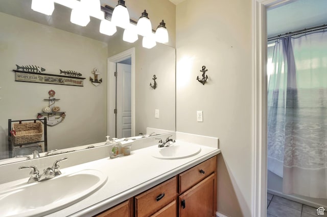 483 W 3500 N, Pleasant View, UT 84414 - bathroom with double vanity, tile patterned floors, and a shower with shower curtain