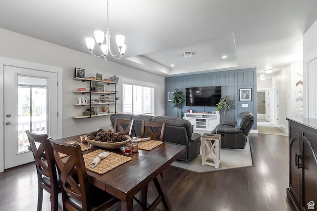 2460 N 2825 W, Plain City, UT 84404 - dining area with a raised ceiling, a chandelier, dark wood-style floors, and recessed lighting