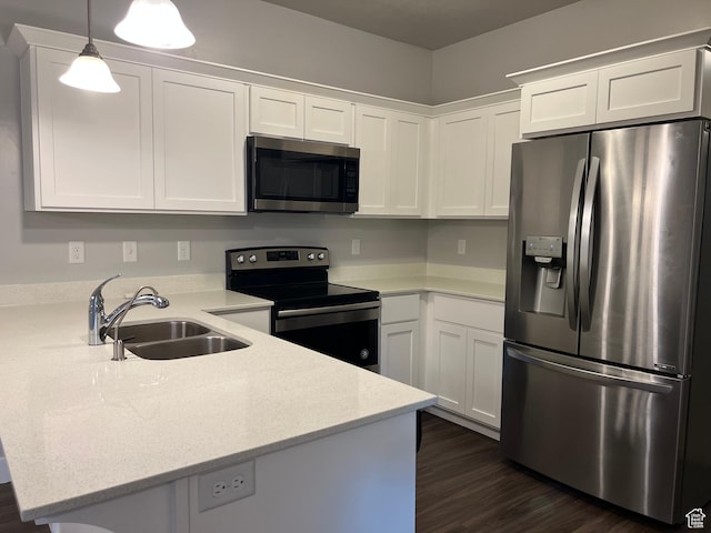 14652 S Astin Ln Unit U102, Herriman, UT 84096 - kitchen with stainless steel appliances, a peninsula, white cabinets, and dark wood-style flooring