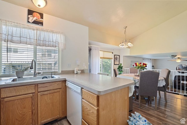 2132 W 2175 N, Clinton, UT 84015 - kitchen with dishwasher, a peninsula, vaulted ceiling, ceiling fan, and dark wood finished floors