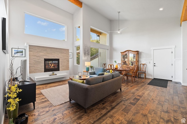 249 S Parkview Dr E, Park City, UT 84098 - living area with a high ceiling, dark wood-type flooring, a fireplace, recessed lighting, and ceiling fan