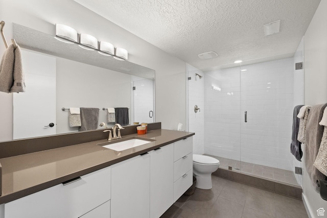 249 S Parkview Dr E, Park City, UT 84098 - full bath featuring vanity, a shower stall, a textured ceiling, and tile patterned floors