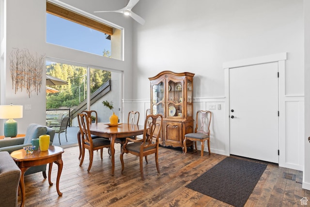 249 S Parkview Dr E, Park City, UT 84098 - dining space with a high ceiling, dark wood-type flooring, wainscoting, and a ceiling fan