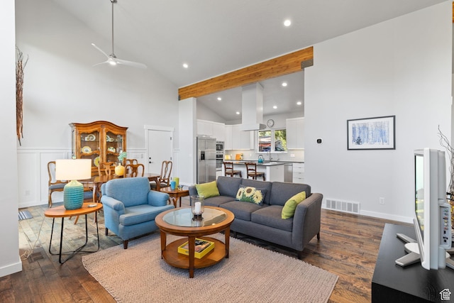 249 S Parkview Dr E, Park City, UT 84098 - living room with high vaulted ceiling, recessed lighting, ceiling fan, and dark wood-style floors