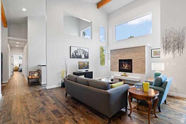 249 S Parkview Dr E, Park City, UT 84098 - living room with dark wood-style flooring, beamed ceiling, high vaulted ceiling, a fireplace, and recessed lighting