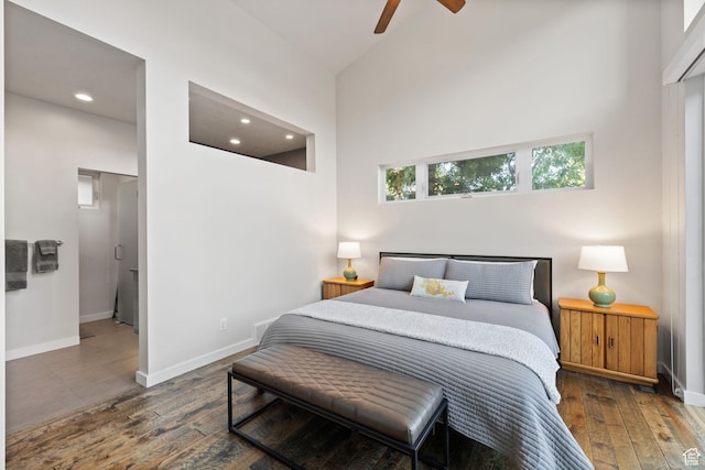 249 S Parkview Dr E, Park City, UT 84098 - bedroom with high vaulted ceiling, hardwood / wood-style flooring, recessed lighting, and a ceiling fan