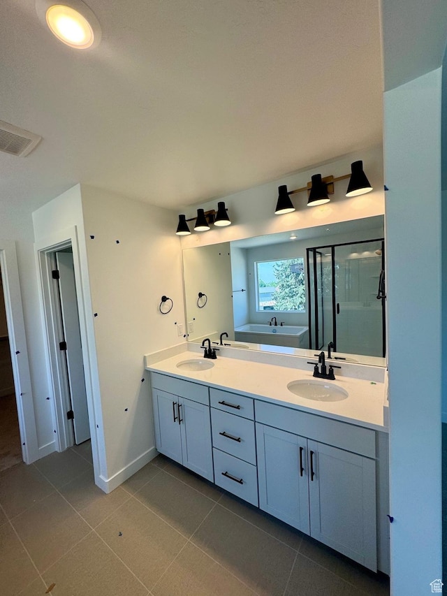 1001 E 250 S, Salem, UT 84653 - full bathroom with a bath, double vanity, a stall shower, and tile patterned flooring