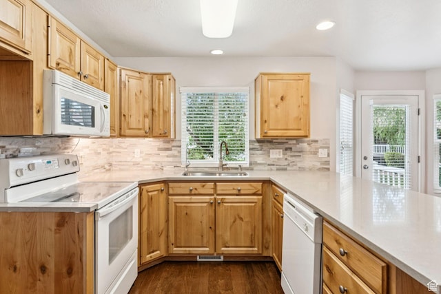 631 E Clearwater Dr, Layton, UT 84041 - kitchen featuring white appliances, healthy amount of natural light, dark wood finished floors, light countertops, and recessed lighting