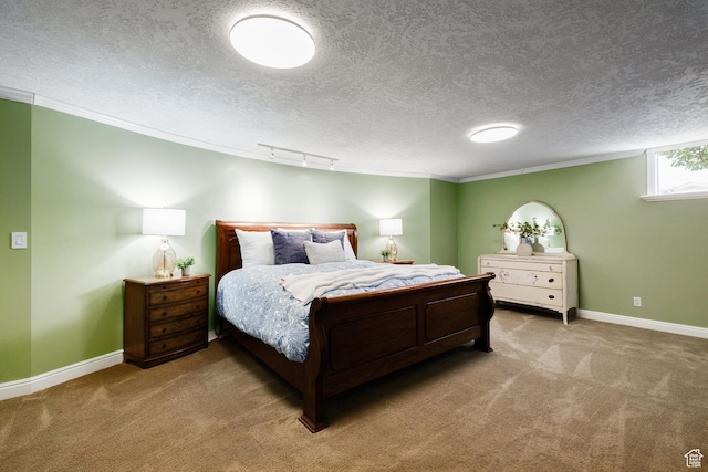 2400 E Logan Way S, Salt Lake City, UT 84108 - bedroom with carpet, a textured ceiling, track lighting, and ornamental molding