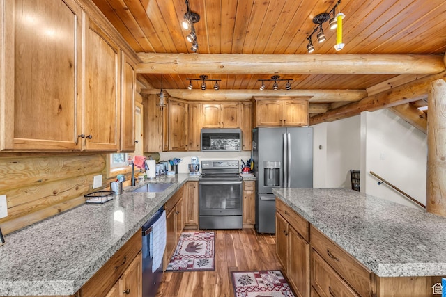 14961 N 12740 E, Mount Pleasant, UT 84647 - kitchen featuring appliances with stainless steel finishes, a wood ceiling with exposed beams, light wood-type flooring, light stone counters, and brown cabinets