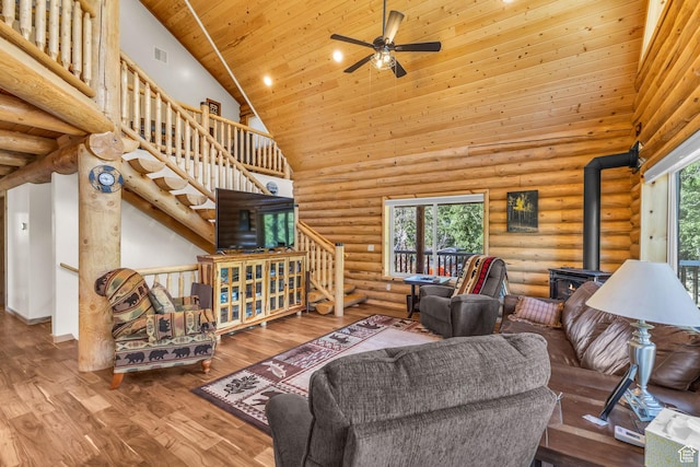 14961 N 12740 E, Mount Pleasant, UT 84647 - living area with high vaulted ceiling, a wood stove, wooden ceiling, a ceiling fan, and wood finished floors