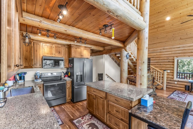 14961 N 12740 E, Mount Pleasant, UT 84647 - kitchen featuring stainless steel appliances, rustic walls, rail lighting, dark wood-style flooring, and wooden ceiling