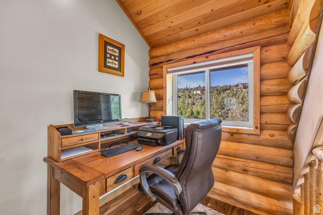 14961 N 12740 E, Mount Pleasant, UT 84647 - home office with rustic walls, vaulted ceiling, and wooden ceiling