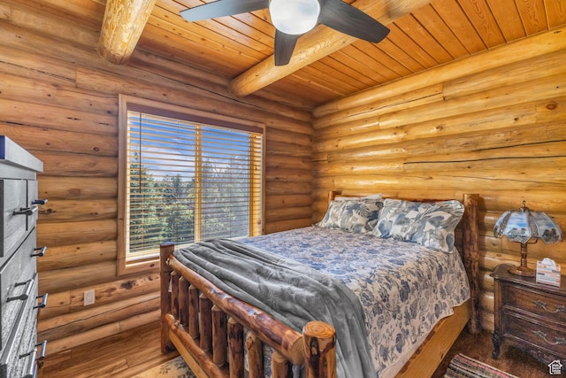 14961 N 12740 E, Mount Pleasant, UT 84647 - bedroom with a wooden ceiling with exposed beams, wood finished floors, log walls, and a ceiling fan