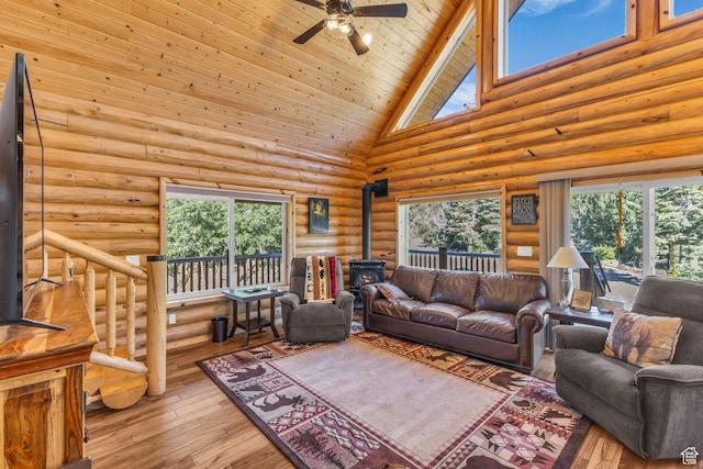 14961 N 12740 E, Mount Pleasant, UT 84647 - living area with a wood stove, high vaulted ceiling, hardwood / wood-style floors, log walls, and a ceiling fan