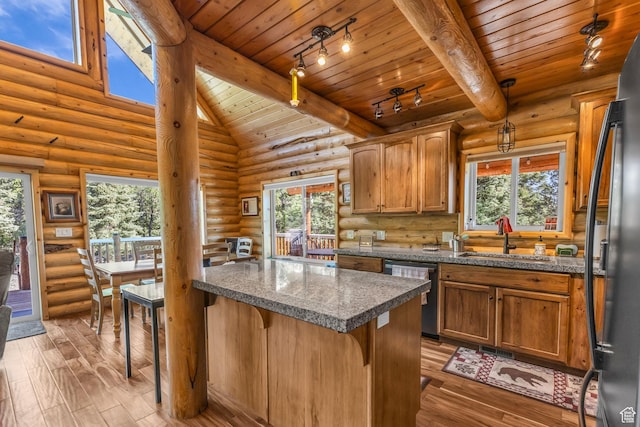 14961 N 12740 E, Mount Pleasant, UT 84647 - kitchen with dishwasher, wood ceiling, log walls, healthy amount of natural light, and light wood-style floors