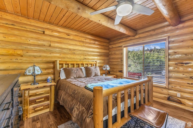 14961 N 12740 E, Mount Pleasant, UT 84647 - bedroom with a wood ceiling with exposed beams, hardwood / wood-style flooring, and rustic walls