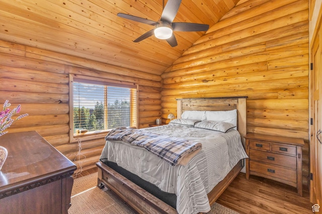 14961 N 12740 E, Mount Pleasant, UT 84647 - bedroom featuring wooden ceiling, log walls, wood finished floors, vaulted ceiling, and ceiling fan