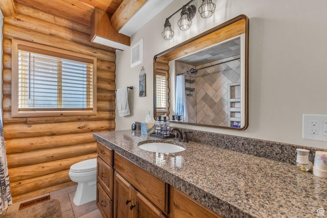 14961 N 12740 E, Mount Pleasant, UT 84647 - full bathroom with rustic walls, vanity, curtained shower, tile patterned floors, and beamed ceiling