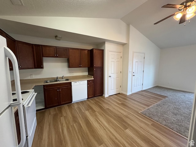 8048 W Copperfield Pl # 31, Magna, UT 84044 - kitchen with white appliances, ceiling fan, light countertops, light wood finished floors, and high vaulted ceiling
