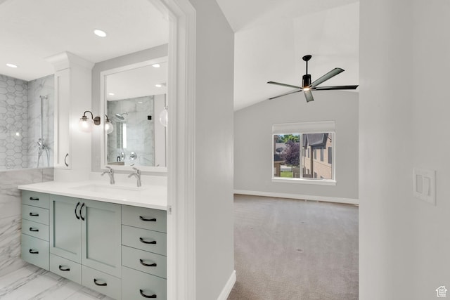 960 E 6740 S, Midvale, UT 84047 - full bath with a marble finish shower, vanity, ceiling fan, vaulted ceiling, and recessed lighting
