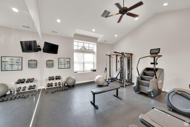 960 E 6740 S, Midvale, UT 84047 - exercise area with a ceiling fan, recessed lighting, and vaulted ceiling