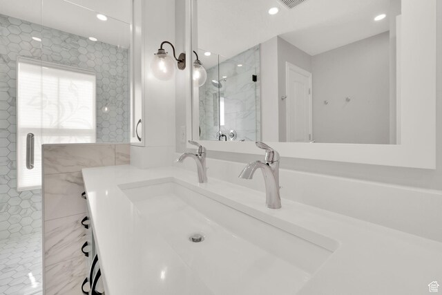 960 E 6740 S, Midvale, UT 84047 - full bathroom featuring a marble finish shower, vanity, and recessed lighting