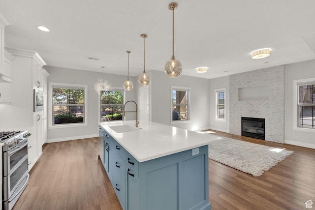 960 E 6740 S, Midvale, UT 84047 - kitchen with appliances with stainless steel finishes, white cabinets, blue cabinetry, an island with sink, and wood finished floors