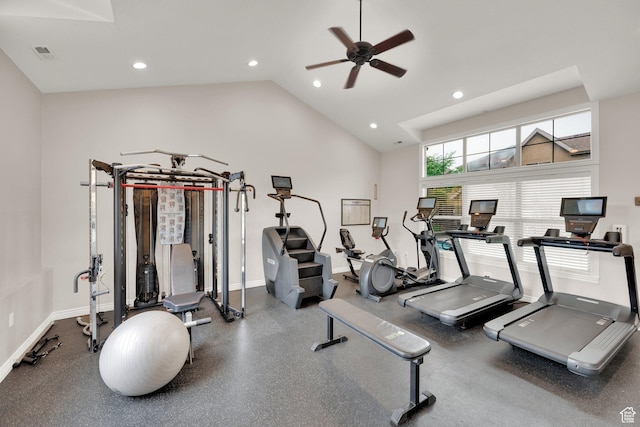 960 E 6740 S, Midvale, UT 84047 - gym featuring a ceiling fan, recessed lighting, and high vaulted ceiling
