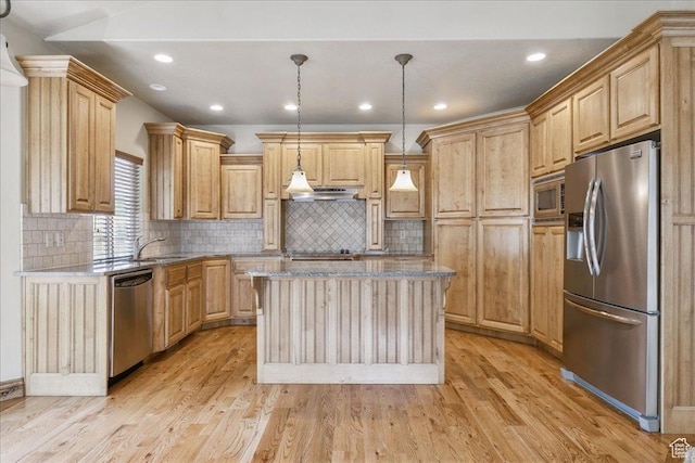 5588 S Farm Hill Dr, Salt Lake City, UT 84117 - kitchen featuring stainless steel appliances, light stone counters, ventilation hood, light wood-type flooring, and a center island
