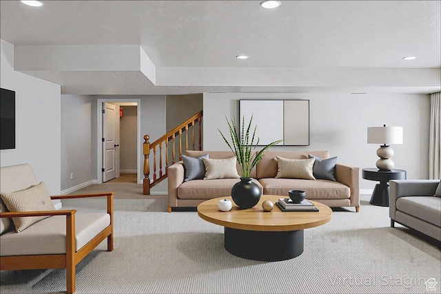 5588 S Farm Hill Dr, Salt Lake City, UT 84117 - living area with carpet, recessed lighting, and stairs