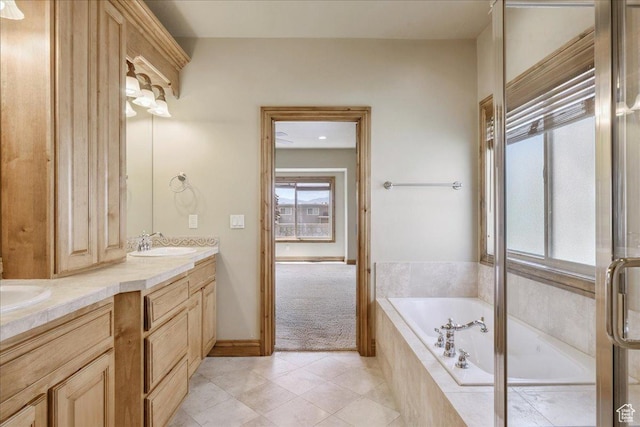 5588 S Farm Hill Dr, Salt Lake City, UT 84117 - bathroom with double vanity, a bath, and tile patterned floors