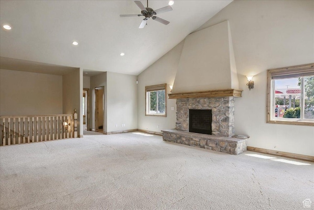 5588 S Farm Hill Dr, Salt Lake City, UT 84117 - unfurnished living room featuring high vaulted ceiling, healthy amount of natural light, carpet, ceiling fan, and recessed lighting